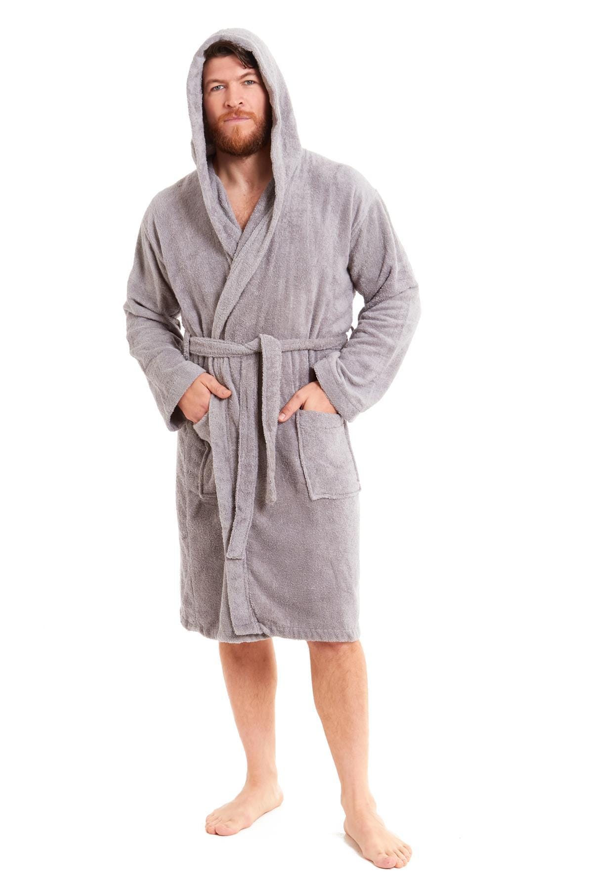 Towelling Dressing Dressing Gown Grey Hooded Luxury Towelling
