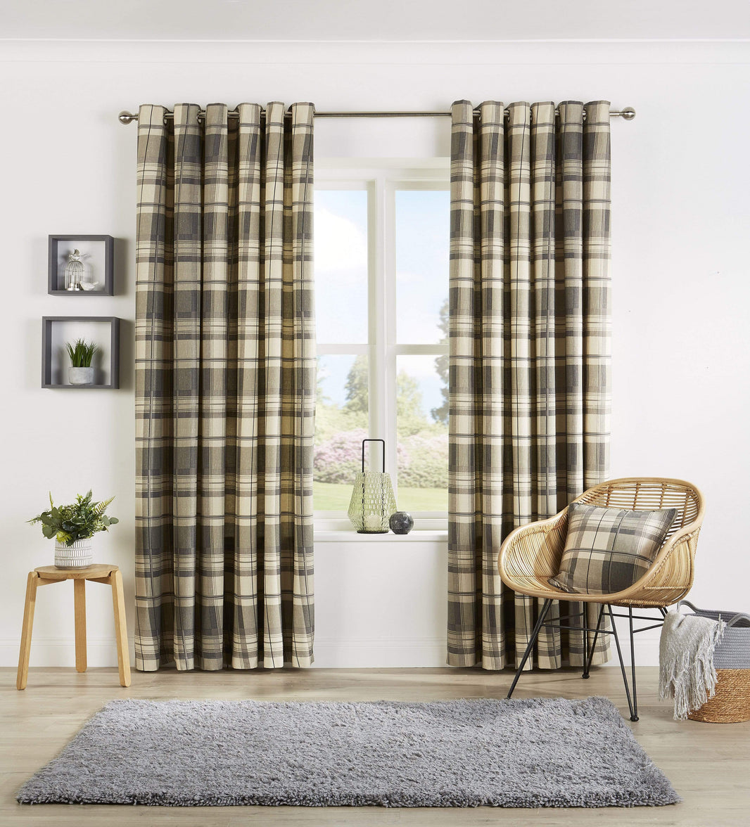 Check Pattern Curtains with Matching Cushion Covers Premium Polyester Cotton Blend Eyelet Ring Top Ochre Grey Various Sizes for Bedrooms and Living Rooms by OLIVIA ROCCO 46” x 54” / GREY Curtain