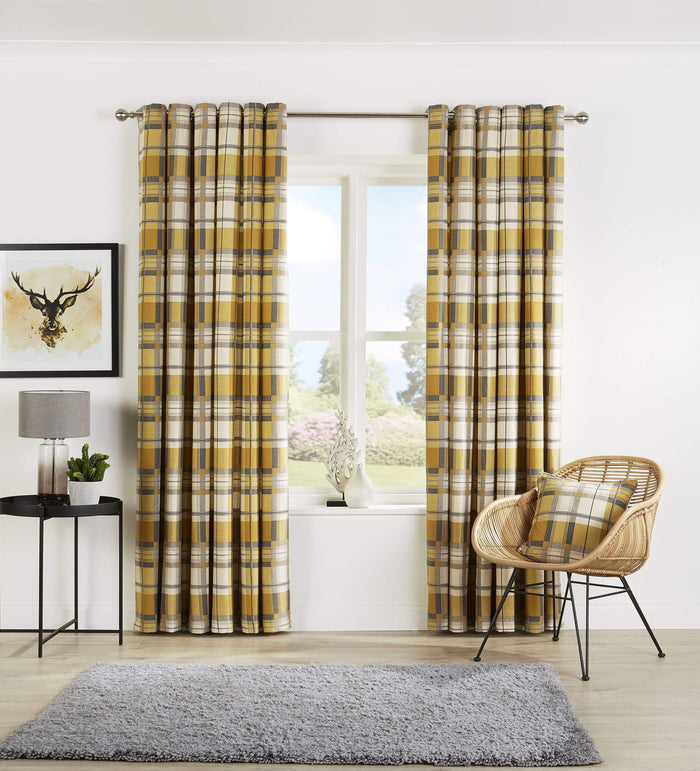 Check Pattern Curtains with Matching Cushion Covers Premium Polyester Cotton Blend Eyelet Ring Top Ochre Grey Various Sizes for Bedrooms and Living Rooms by OLIVIA ROCCO 46” x 54” / OCHRE Curtain