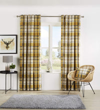 Check Pattern Curtains with Matching Cushion Covers Premium Polyester Cotton Blend Eyelet Ring Top Ochre Grey Various Sizes for Bedrooms and Living Rooms by OLIVIA ROCCO 46” x 54” / OCHRE Curtain