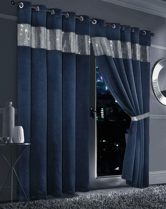 Diamante Blackout Curtains with Glitz Detailing Room Darkening Eyelet Ring Top Thermal Insulation Multiple Colors and Sizes by OLIVIA ROCCO 66” x 54” / NAVY Curtain