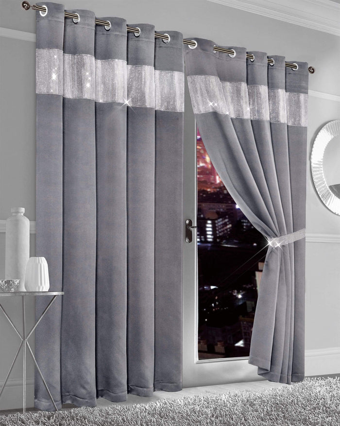 Diamante Blackout Curtains with Glitz Detailing Room Darkening Eyelet Ring Top Thermal Insulation Multiple Colors and Sizes by OLIVIA ROCCO 66” x 54” / SILVER Curtain