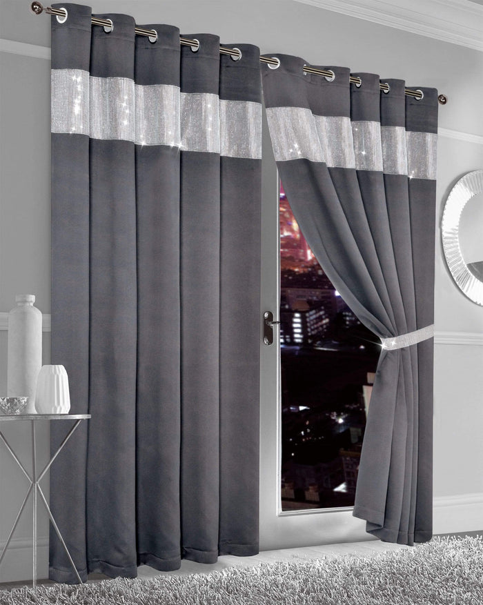 Diamante Blackout Curtains with Glitz Detailing Room Darkening Eyelet Ring Top Thermal Insulation Multiple Colors and Sizes by OLIVIA ROCCO 66” x 54” / CHARCOAL Curtain