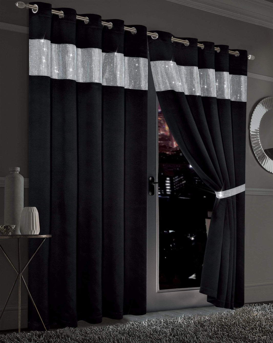 Diamante Blackout Curtains with Glitz Detailing Room Darkening Eyelet Ring Top Thermal Insulation Multiple Colors and Sizes by OLIVIA ROCCO 66” x 54” / BLACK Curtain