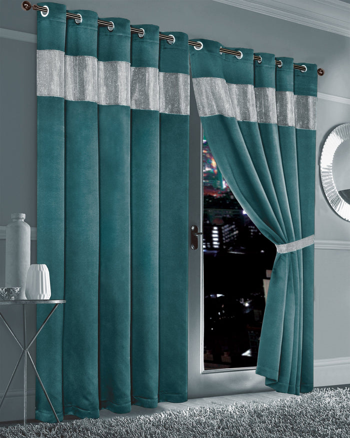 Diamante Blackout Curtains with Glitz Detailing Room Darkening Eyelet Ring Top Thermal Insulation Multiple Colors and Sizes by OLIVIA ROCCO 66” x 54” / TEAL Curtain
