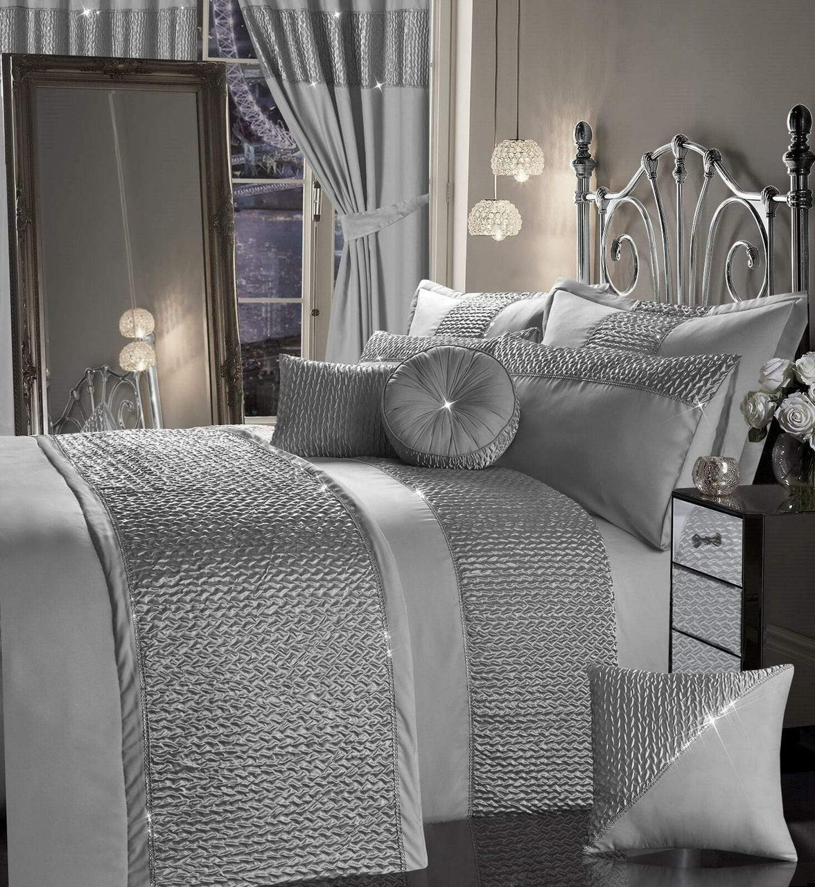 Zenia Luxurious Duvet Cover Set with Quilted Trim and Diamante Detailing  Available in Single Double Kingb and Super King Sizes by OLIVIA ROCCO SILVER / SINGLE Duvet Cover