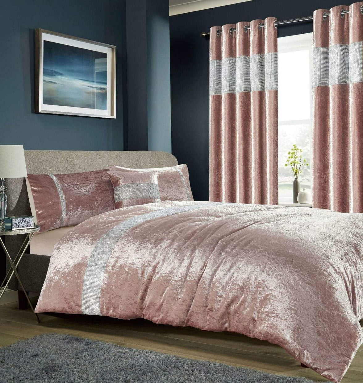 Diamante Crushed Velvet Duvet Set Breathable Luxurious OEKO-TEX Certified Bedding in Double King Super King Sizes Available in Silver Champagne Blush Pink by OLIVIA ROCCO DOUBLE / BLUSH PINK Duvet Cover