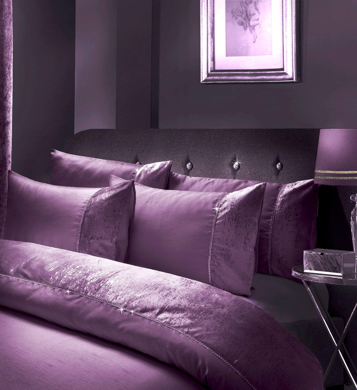 Valentina Ultra-Soft Duvet Set with Crushed Velvet Trim and Diamante Detailing in Double King Super King Sizes OEKO-TEX Certified by OLIVIA ROCCO DOUBLE / PURPLE Duvet Cover
