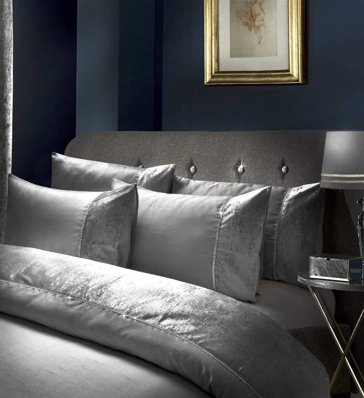 Valentina Ultra-Soft Duvet Set with Crushed Velvet Trim and Diamante Detailing in Double King Super King Sizes OEKO-TEX Certified by OLIVIA ROCCO DOUBLE / SILVER Duvet Cover