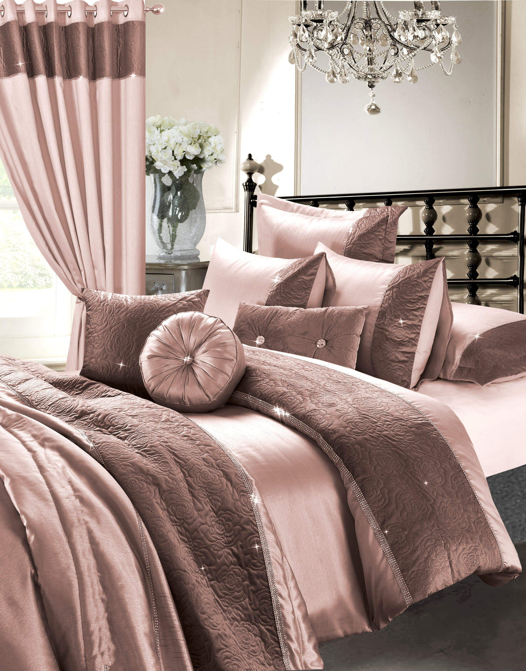 Zina 7 Piece Rose Gold Duvet Set with Quilted Trim and Diamante Detailing Includes Cover Fitted Sheet Pillowcases Cushions Elegant Bedding by OLIVIA ROCCO DOUBLE Duvet Cover