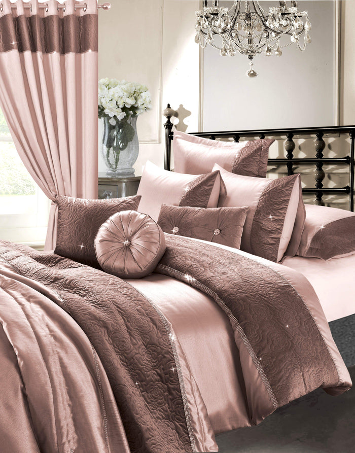 Zina 7 Piece Rose Gold Duvet Set with Quilted Trim and Diamante Detailing Includes Cover Fitted Sheet Pillowcases Cushions Elegant Bedding by OLIVIA ROCCO DOUBLE Duvet Cover