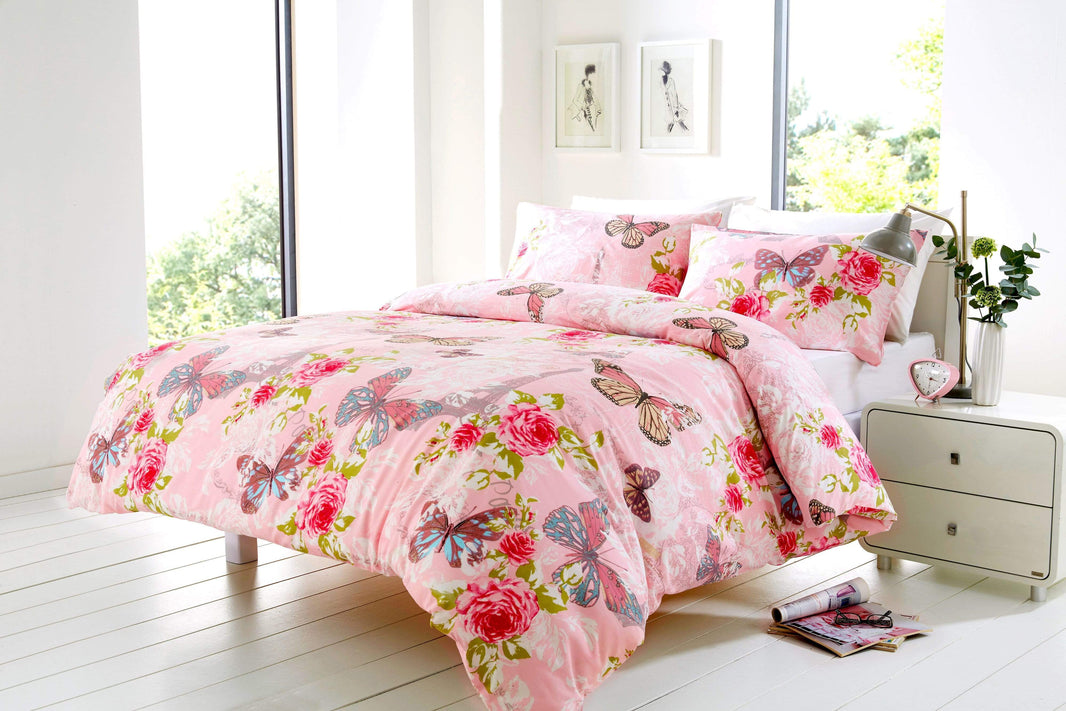 Ashley Butterfly Paris Cotton-Rich Duvet Set Double King Sizes OEKO-TEX Certified Bedding by OLIVIA ROCCO DOUBLE / PINK Duvet Cover