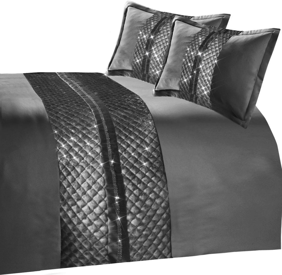 Kylie Duvet Set Luxurious Charcoal Gold Velvet Bedding with Quilted Trim & Diamante Detailing in Various Sizes by OLIVIA ROCCO CHARCOAL / BEDSPREAD Duvet Cover