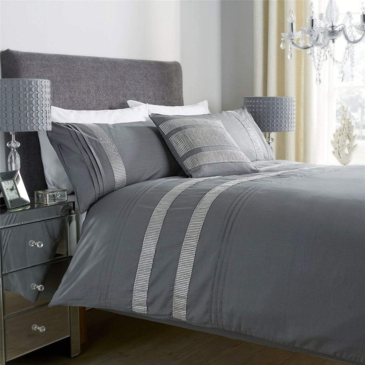 Diamante Glitz Luxurious Cotton Rich Duvet Set with Handwoven Sparkling Crystal Detailing for Elegant Bedroom Decor in All Sizes by OLIVIA ROCCO SINGLE / GREY Duvet Cover