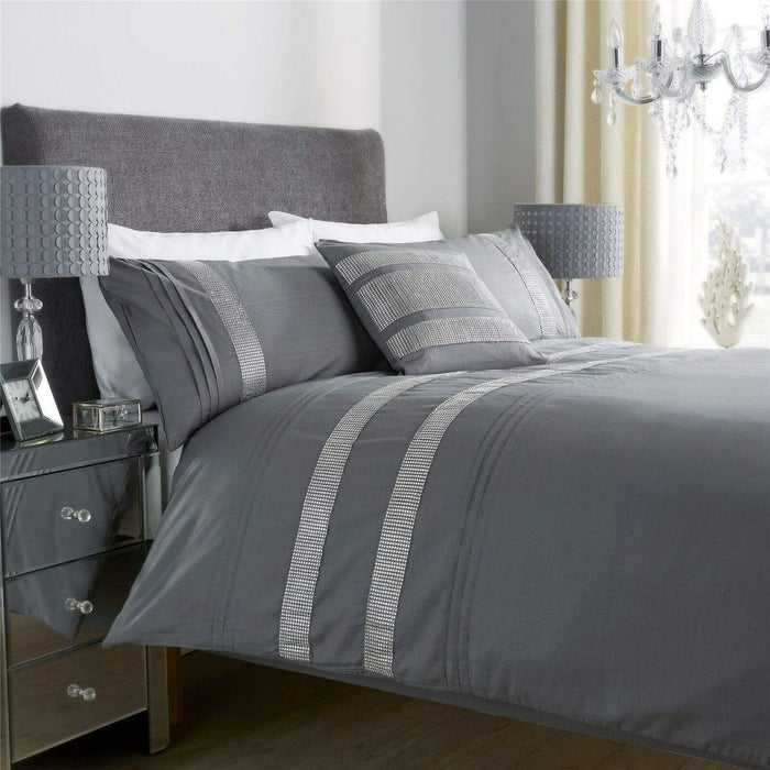 Diamante Glitz Luxurious Cotton Rich Duvet Set with Handwoven Sparkling Crystal Detailing for Elegant Bedroom Decor in All Sizes by OLIVIA ROCCO SINGLE / GREY Duvet Cover