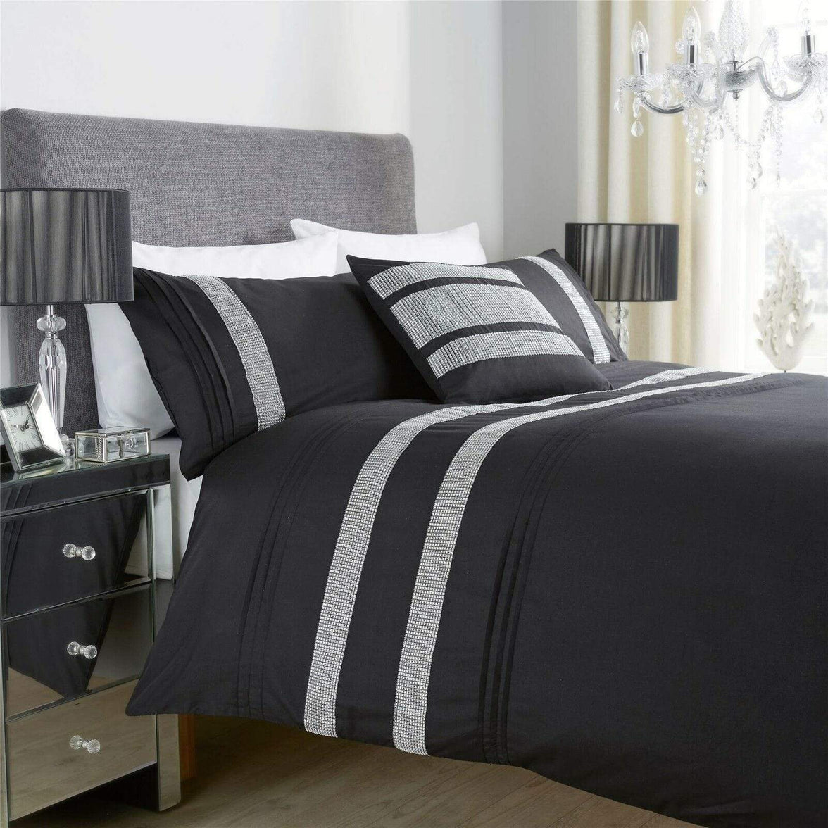 Diamante Glitz Luxurious Cotton Rich Duvet Set with Handwoven Sparkling Crystal Detailing for Elegant Bedroom Decor in All Sizes by OLIVIA ROCCO SINGLE / BLACK Duvet Cover
