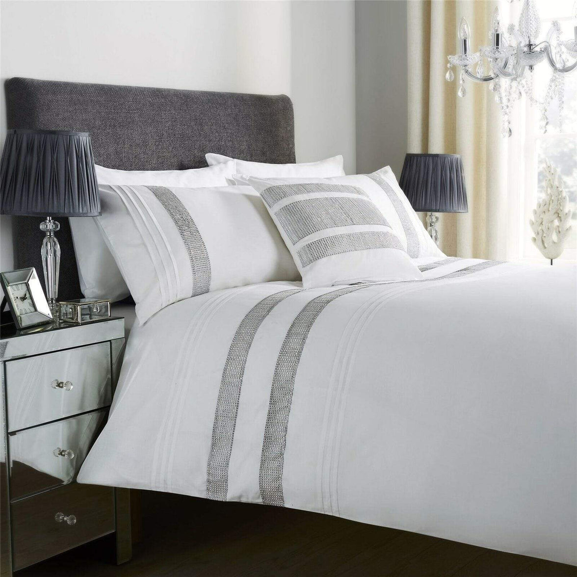 Diamante Glitz Luxurious Cotton Rich Duvet Set with Handwoven Sparkling Crystal Detailing for Elegant Bedroom Decor in All Sizes by OLIVIA ROCCO SINGLE / WHITE Duvet Cover