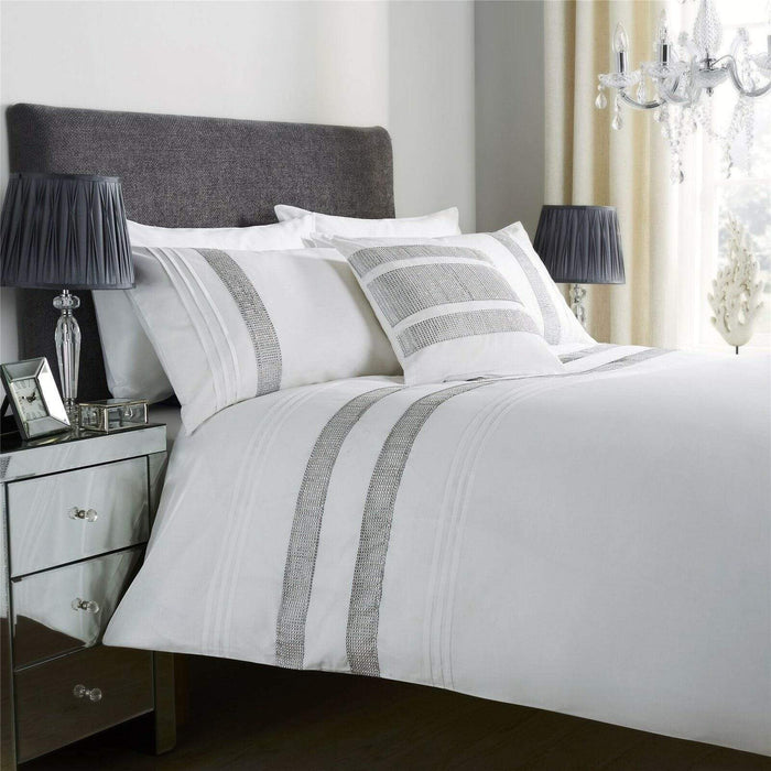 Diamante Glitz Luxurious Cotton Rich Duvet Set with Handwoven Sparkling Crystal Detailing for Elegant Bedroom Decor in All Sizes by OLIVIA ROCCO SINGLE / WHITE Duvet Cover