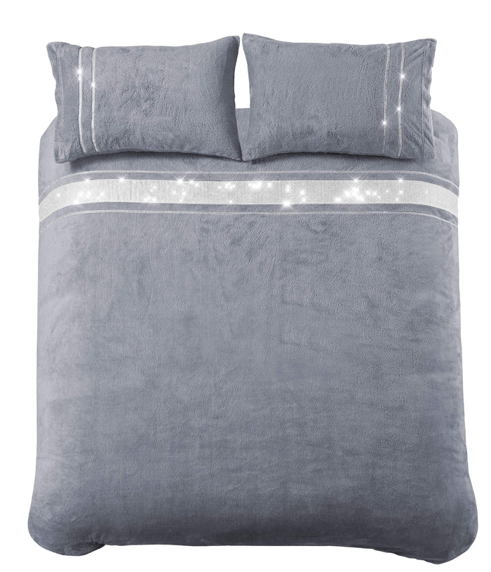 Paris Glitz Teddy Fleece Duvet Set Luxurious Handwoven Diamante Detailing Super Soft Faux Fur OEKO-TEX Certified Multiple Sizes Available by OLIVIA ROCCO SINGLE / SILVER Duvet Cover