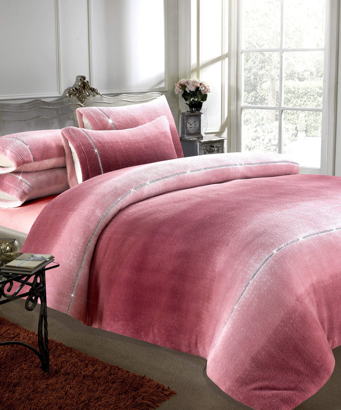 Ombre Teddy Fleece Duvet Set with Diamante Detailing Luxurious Super Soft Bedding Two-Tone Design Available in Single Double King Sizes by OLIVIA ROCCO SINGLE / DUSKY PINK Duvet Cover