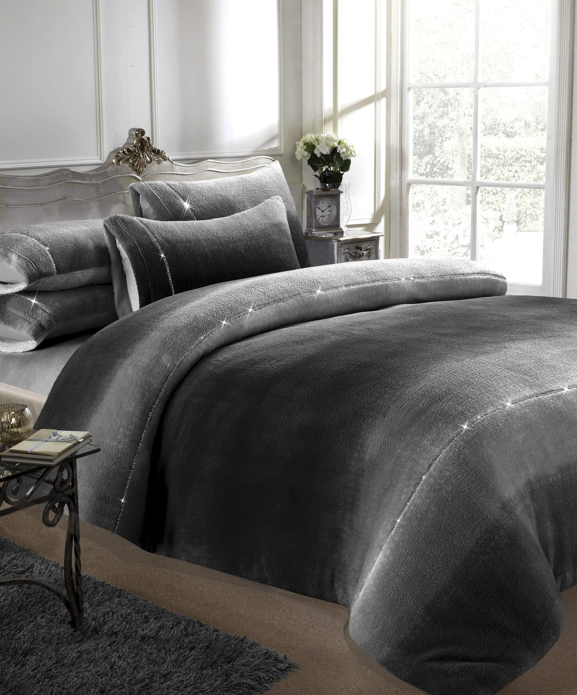 Ombre Teddy Fleece Duvet Set with Diamante Detailing Luxurious Super Soft Bedding Two-Tone Design Available in Single Double King Sizes by OLIVIA ROCCO SINGLE / GREY Duvet Cover