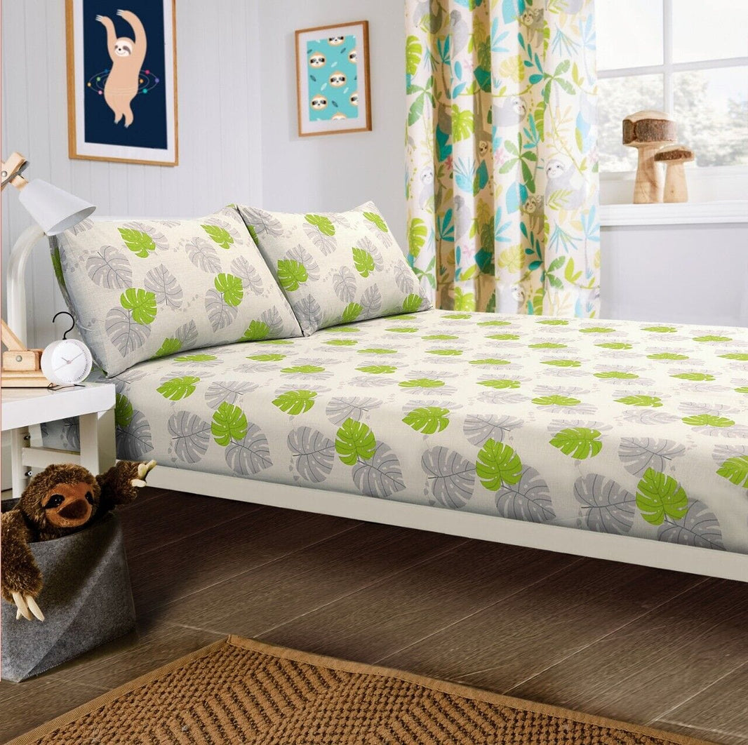 Lazy Sloth Kids Duvet Set Soft Cotton Blend Bedding with Pillowcase and Matching Curtains OEKO-TEX Certified Available in Single and Double Sizes by OLIVIA ROCCO SINGLE SHEET SET Duvet Cover