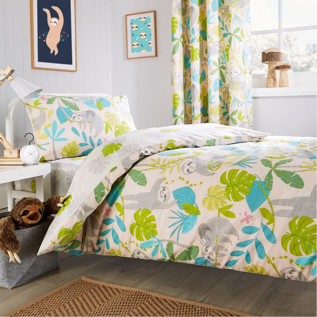 Lazy Sloth Kids Duvet Set Soft Cotton Blend Bedding with Pillowcase and Matching Curtains OEKO-TEX Certified Available in Single and Double Sizes by OLIVIA ROCCO SINGLE DUVET SET Duvet Cover