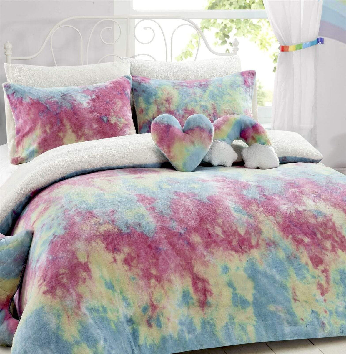 Tie Dye Rainbow Ultra-Soft Teddy Fleece Duvet Set for Kids Reversible Bedding with Cushion and Throw Single and Double Beds by OLIVIA ROCCO Duvet Cover