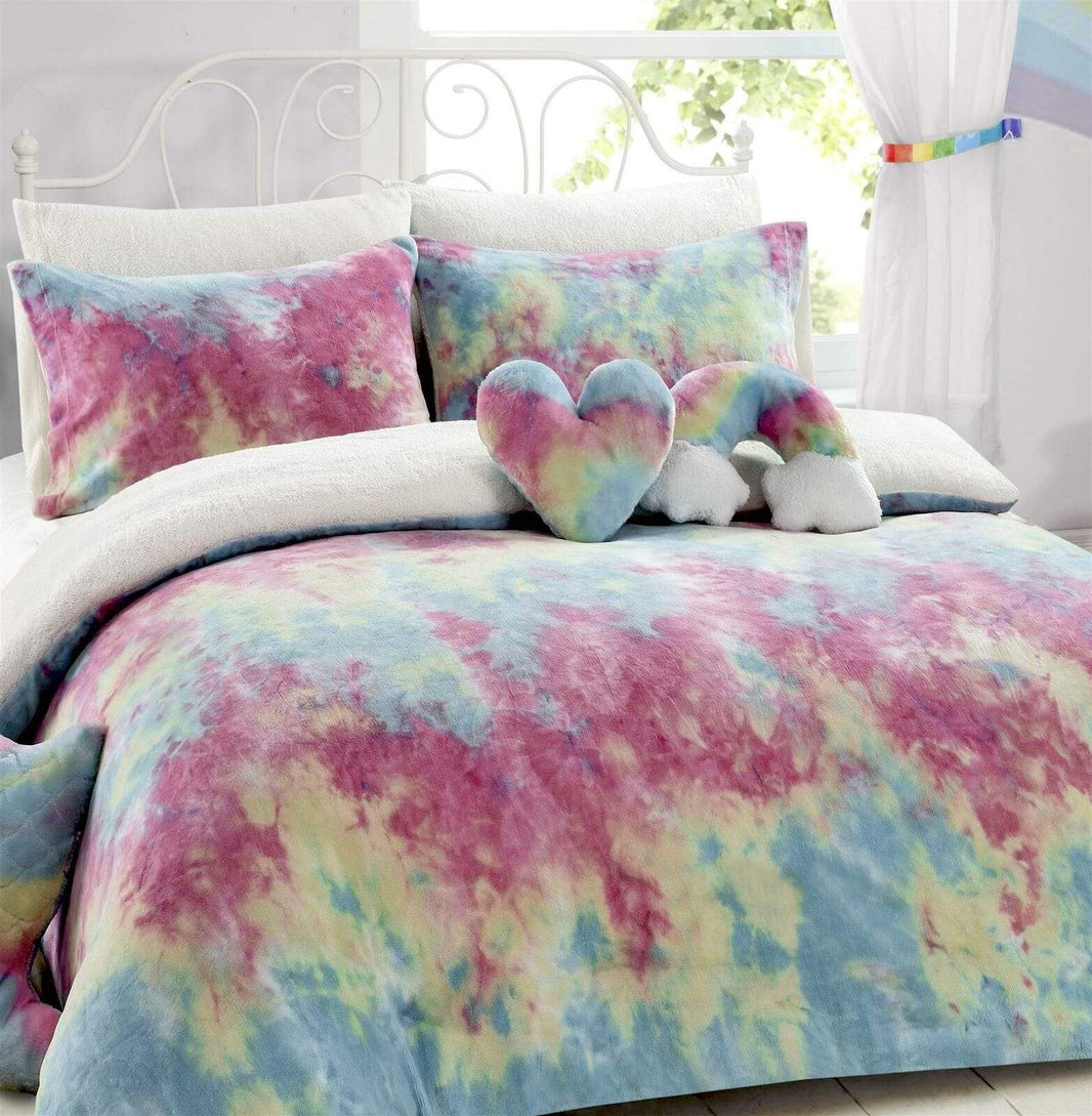 Tie Dye Rainbow Ultra-Soft Teddy Fleece Duvet Set for Kids Reversible Bedding with Cushion and Throw Single and Double Beds by OLIVIA ROCCO Duvet Cover