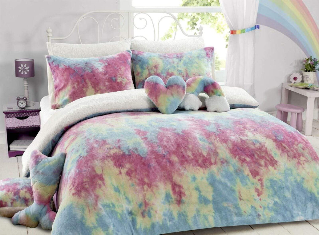 Tie Dye Rainbow Ultra-Soft Teddy Fleece Duvet Set for Kids Reversible Bedding with Cushion and Throw Single and Double Beds by OLIVIA ROCCO SINGLE DUVET SET Duvet Cover