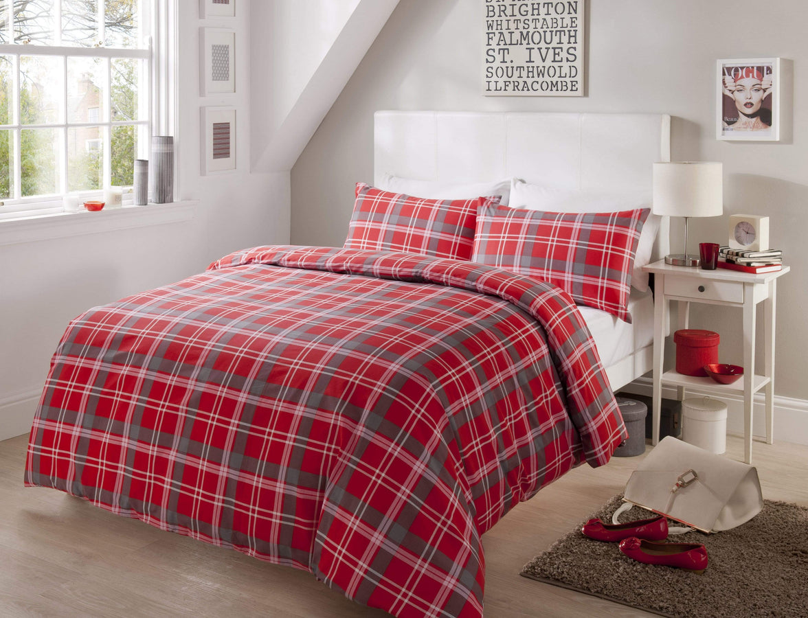 Check Luxurious Cotton-Rich Duvet Set with Pillowcases Soft Durable Bedding in All Sizes Stylish Bedroom Decor OEKO-TEX Certified by OLIVIA ROCCO SINGLE / RED Duvet Cover