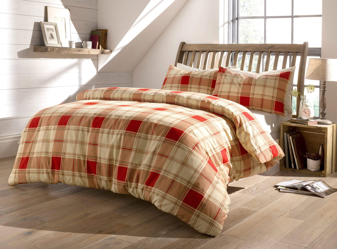 Highland Tartan Luxurious Duvet Set Super Soft Brushed Cotton Flannel Bedding OEKO-TEX Certified Elegant Quilt Cover for Master Suite or Guest Room by OLIVIA ROCCO SINGLE / RED Duvet Cover