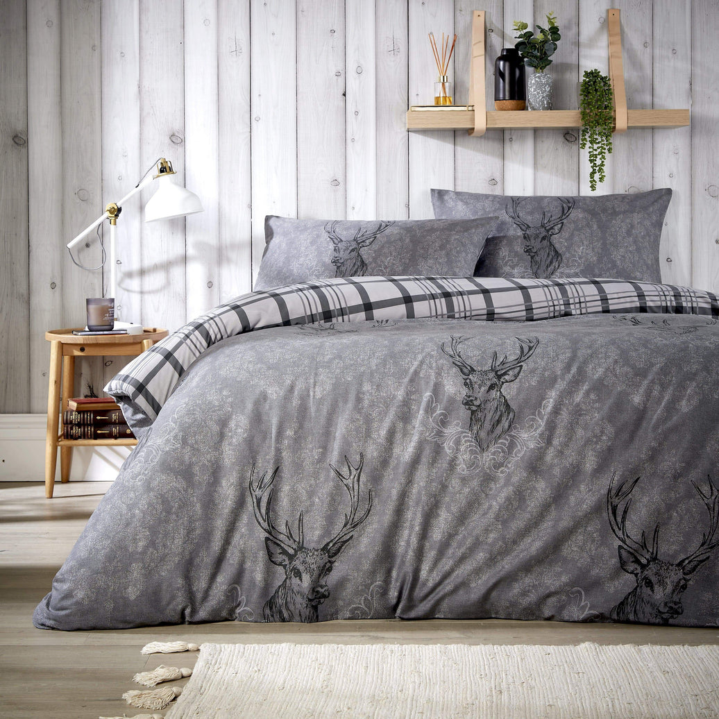 Highland Stag Reversible Tartan Check Super Soft Cotton Duvet Set Luxury Bedding for Cosy Home Décor in Single Double King Sizes by OLIVIA ROCCO SINGLE / GREY Duvet Cover