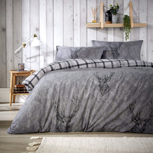 Highland Stag Reversible Tartan Check Super Soft Cotton Duvet Set Luxury Bedding for Cosy Home Décor in Single Double King Sizes by OLIVIA ROCCO SINGLE / GREY Duvet Cover