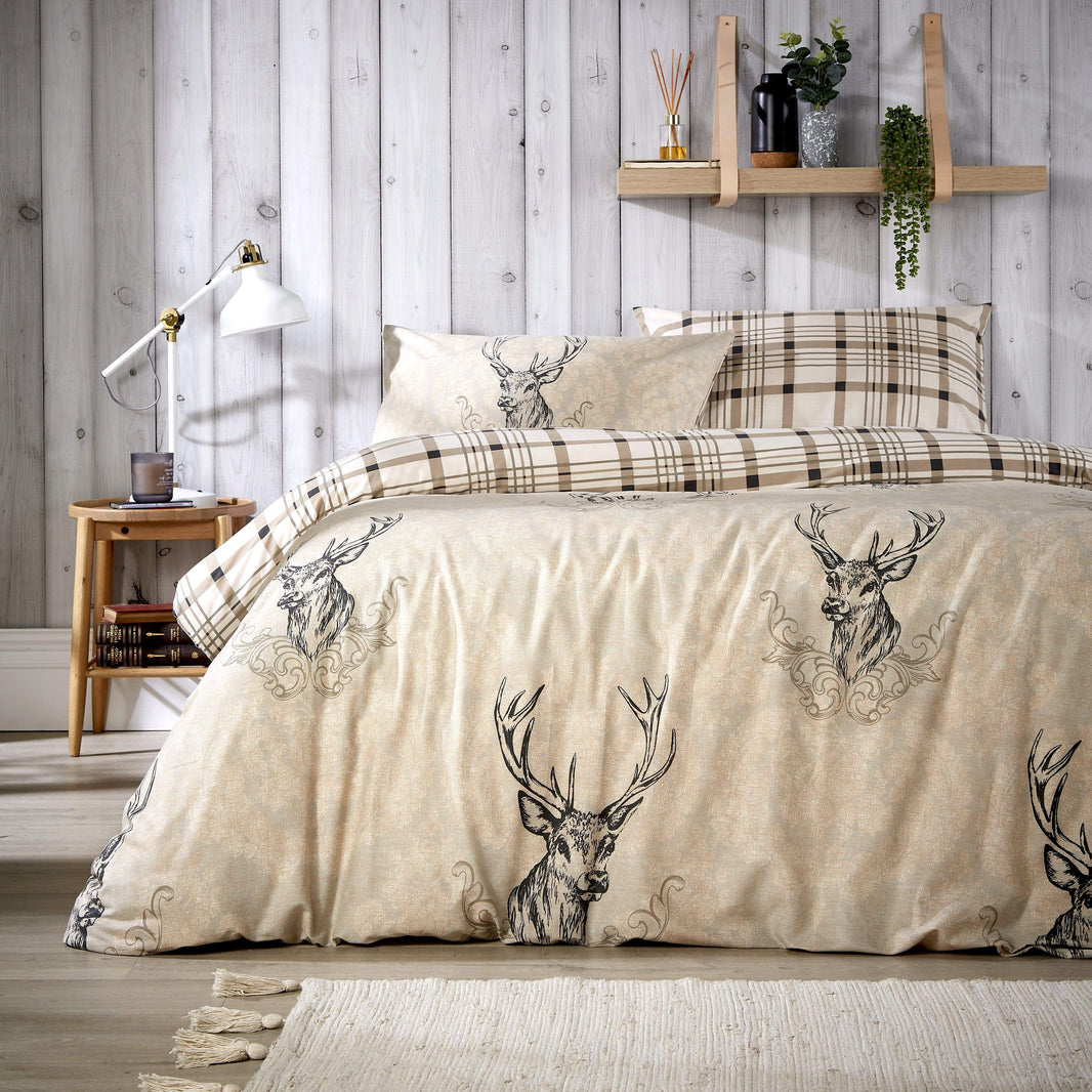 Highland Stag Reversible Tartan Check Super Soft Cotton Duvet Set Luxury Bedding for Cosy Home Décor in Single Double King Sizes by OLIVIA ROCCO SINGLE / NATURAL Duvet Cover