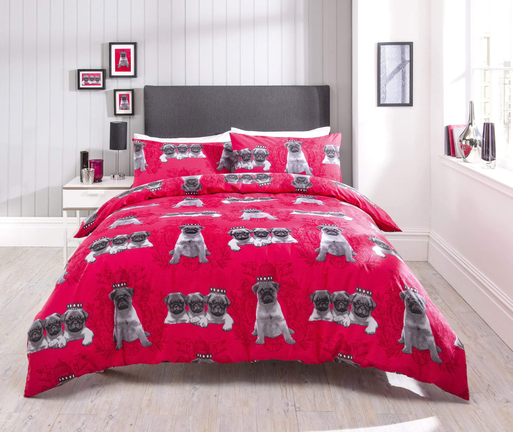 Pugs Duvet Cover Set Elegant Cotton Rich Bedding with Bold Vibrant Colours Available in Single Double King Sizes by OLIVIA ROCCO DOUBLE / PINK Duvet Cover
