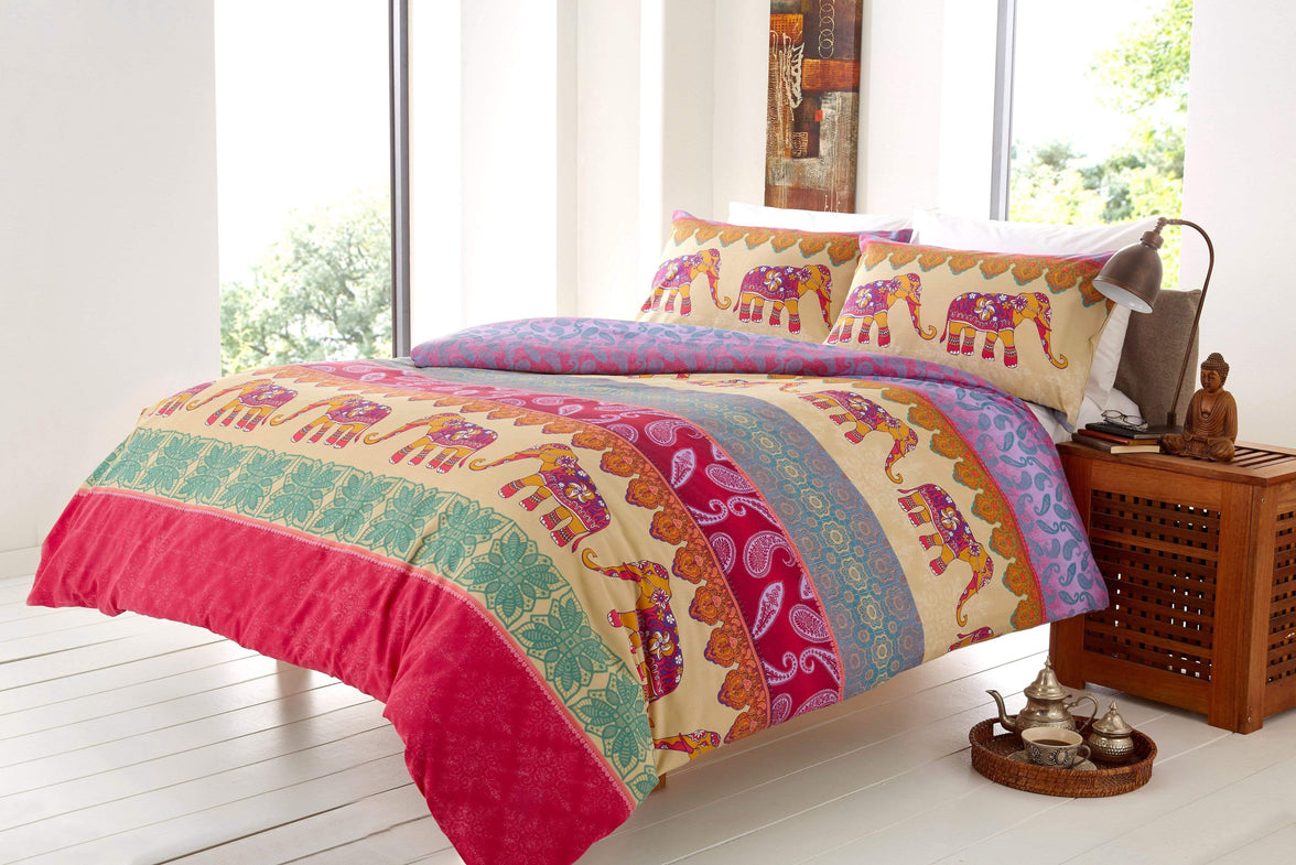 Elly Duvet Set Luxury Cotton Rich Indian Elephant Design Bedding in Bold Colours Available in Single Double King Super King by OLIVIA ROCCO SINGLE / MULTI Duvet Cover