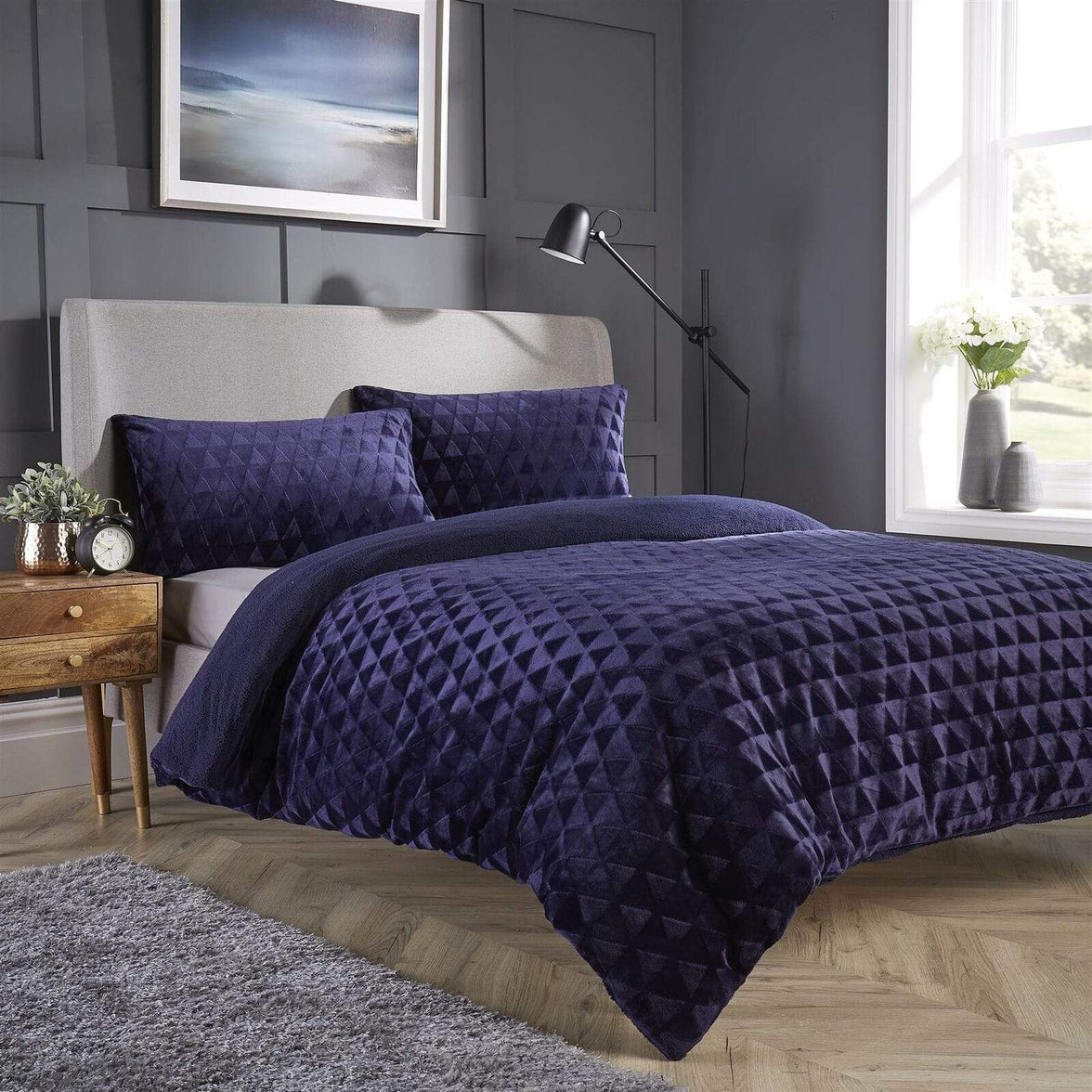 Geometric Reversible Teddy Bear Faux Fur Duvet Set Super Soft and Fluffy Bedding OEKO-TEX Certified by OLIVIA ROCCO SINGLE / NAVY Duvet Cover