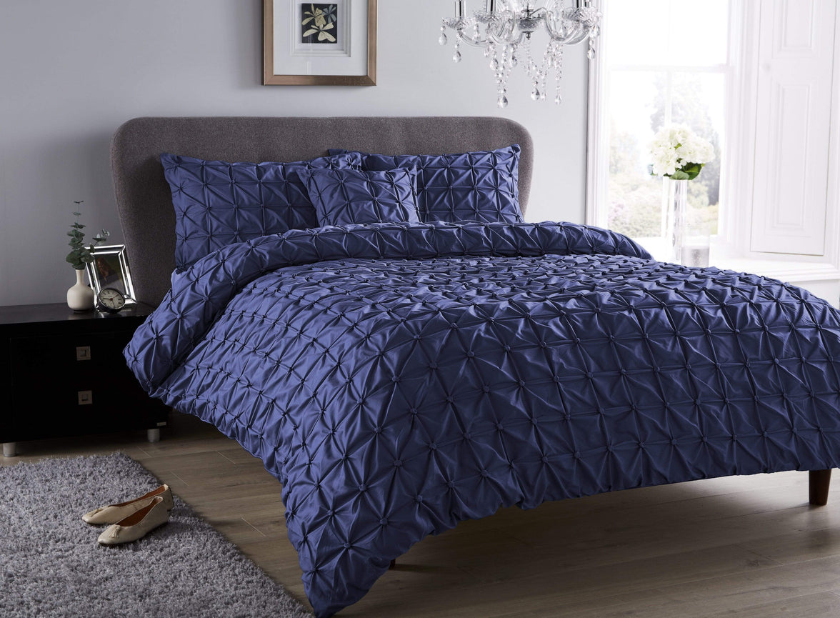 Seville Luxury Cotton-Rich Duvet Set with Handmade Pintuck Detailing Super Soft Bedding for All Sizes by OLIVIA ROCCO SINGLE / NAVY Duvet Cover