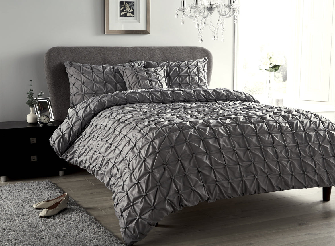 Seville Luxury Cotton-Rich Duvet Set with Handmade Pintuck Detailing Super Soft Bedding for All Sizes by OLIVIA ROCCO SINGLE / GREY Duvet Cover