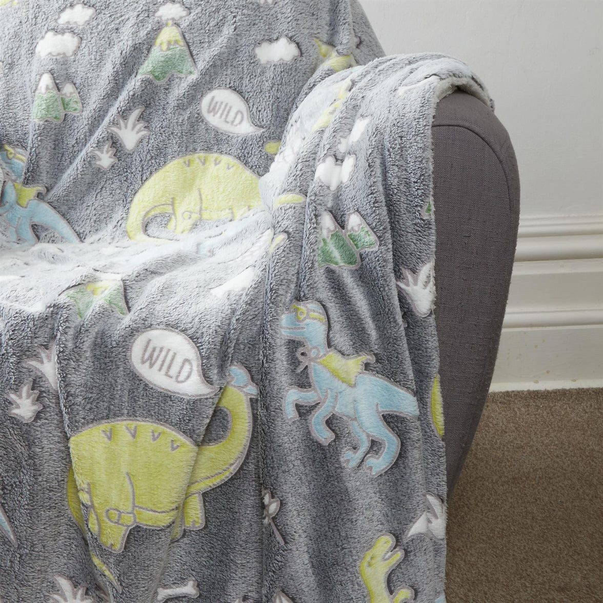 Dinosaur Glow In The Dark Teddy Fleece Bedding Set with Bed Throw and Cushion Prehistoric Design for Kids Available in Single and Double Sizes by OLIVIA ROCCO Duvet Cover