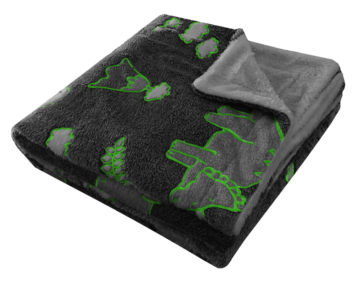 Dinosaur Glow In The Dark Teddy Fleece Bedding Set with Bed Throw and Cushion Prehistoric Design for Kids Available in Single and Double Sizes by OLIVIA ROCCO Duvet Cover