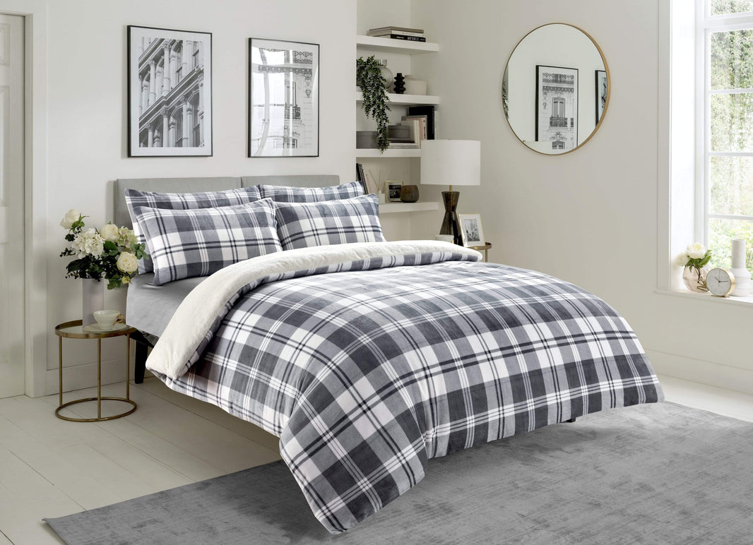Checked Grey Teddy Fleece Reversible Duvet Set Luxurious Plush Faux Fur Bedding for Winter Available in Single Double King Sizes by OLIVIA ROCCO SINGLE Duvet Cover