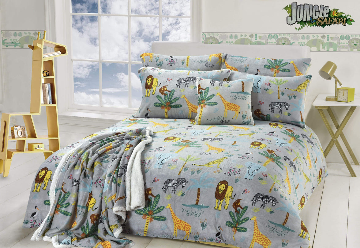 Jungle Safari Animal Kingdom Children's Teddy Fleece Bedding Set Lions Elephants Giraffes Zebras Matching Throw and Cushion Available by OLIVIA ROCCO SINGLE Duvet Cover