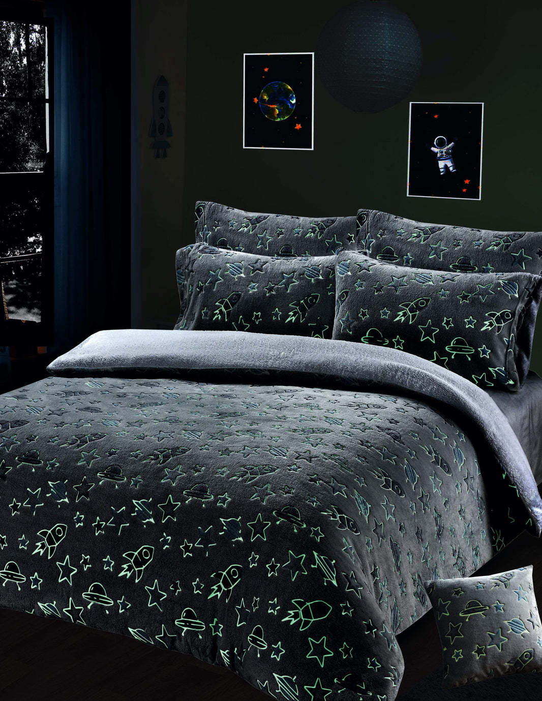 Outer Space Glow In The Dark Astronaut and Rocket Teddy Fleece Duvet Set for Children, OEKO-TEX Certified Bedding Perfect for Winter by OLIVIA ROCCO Duvet Cover