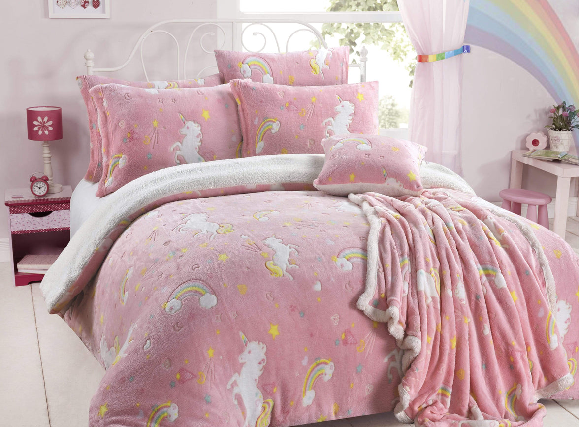 Magical Glow In The Dark Rainbow Unicorn Teddy Fleece Duvet Set for Kids Super Soft Cosy Bedding Perfect for Children's Bedrooms by OLIVIA ROCCO SINGLE Duvet Cover