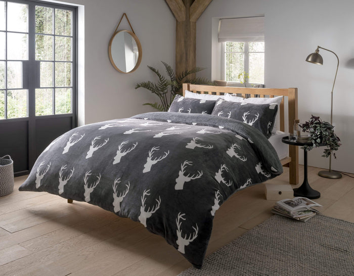 Stag Reversible Teddy Faux Fur Fleece Duvet Set Super Soft Charcoal Grey Warm Bedding OEKO-TEX Certified Available in Single Double King Sizes by OLIVIA ROCCO SINGLE Duvet Cover