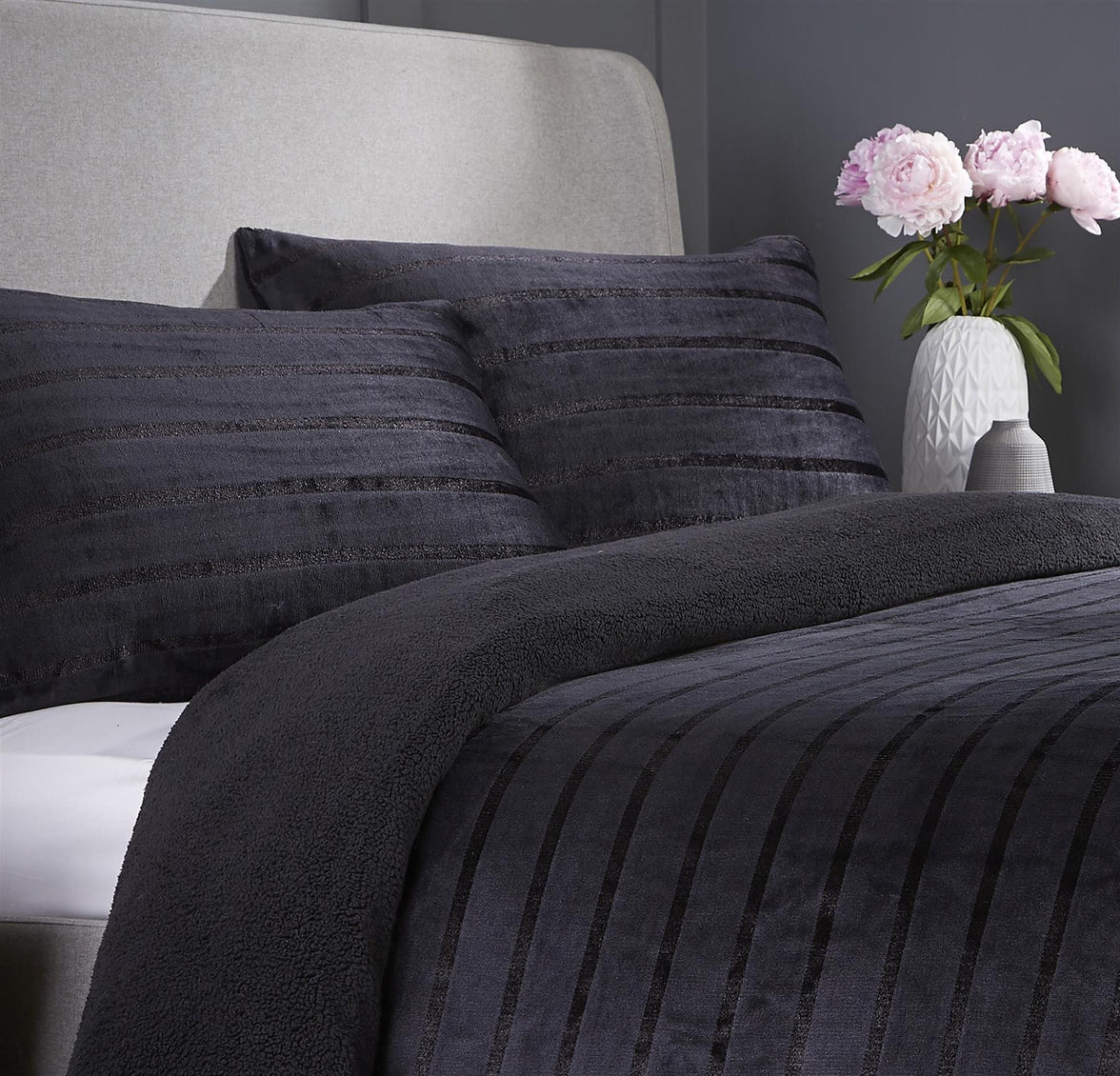 Satin Stripe Reversible Faux Fur Teddy Duvet Cover Set Super Soft Plush Bedding for Winter Available in Single Double and King Sizes by OLIVIA ROCCO Duvet Cover