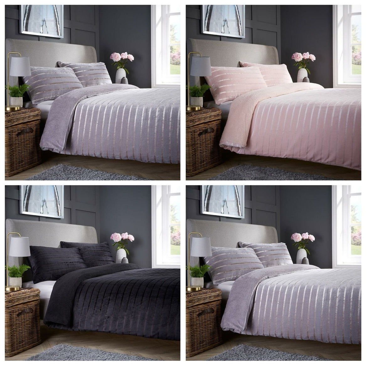 Satin Stripe Reversible Faux Fur Teddy Duvet Cover Set Super Soft Plush Bedding for Winter Available in Single Double and King Sizes by OLIVIA ROCCO Duvet Cover