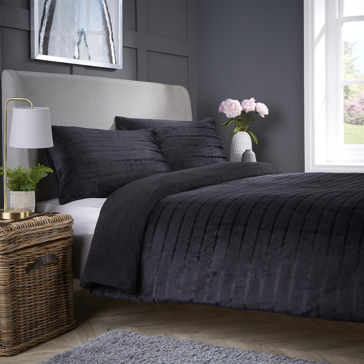 Satin Stripe Reversible Faux Fur Teddy Duvet Cover Set Super Soft Plush Bedding for Winter Available in Single Double and King Sizes by OLIVIA ROCCO SINGLE / BLACK Duvet Cover